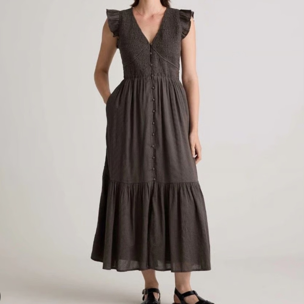 Quince Organic Textured Cotton V-Neck Midi Charcoal Dress Size Small